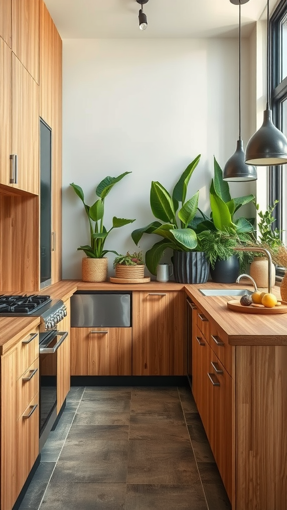 A modern kitchen featuring bamboo elements and wooden cabinets with plants