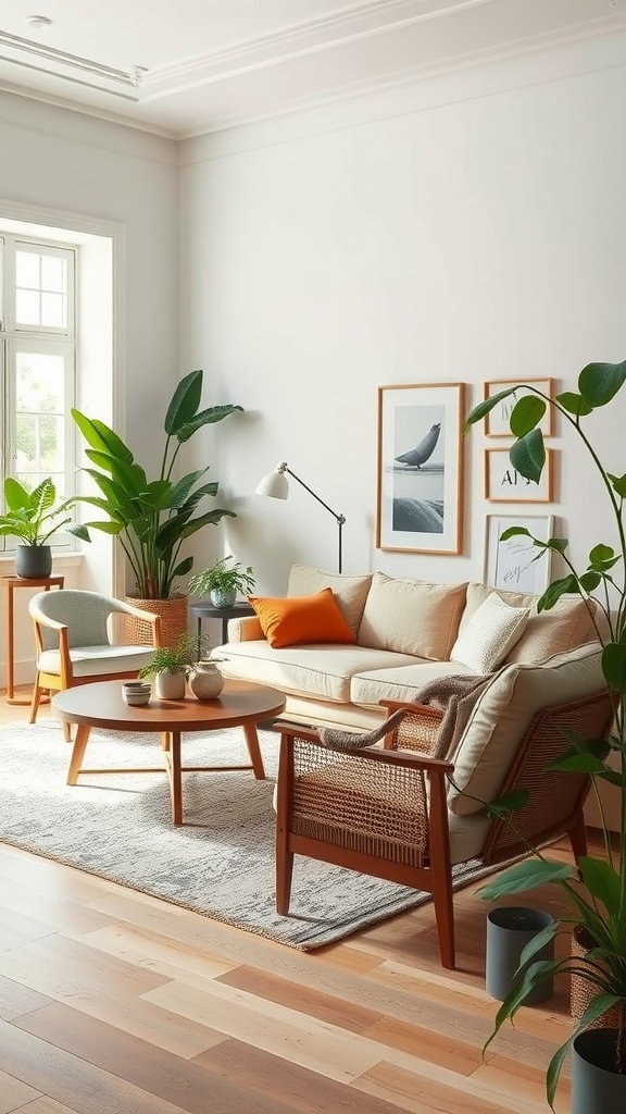 A bright and airy living room featuring sustainable furniture with natural materials, plants, and cozy decor.