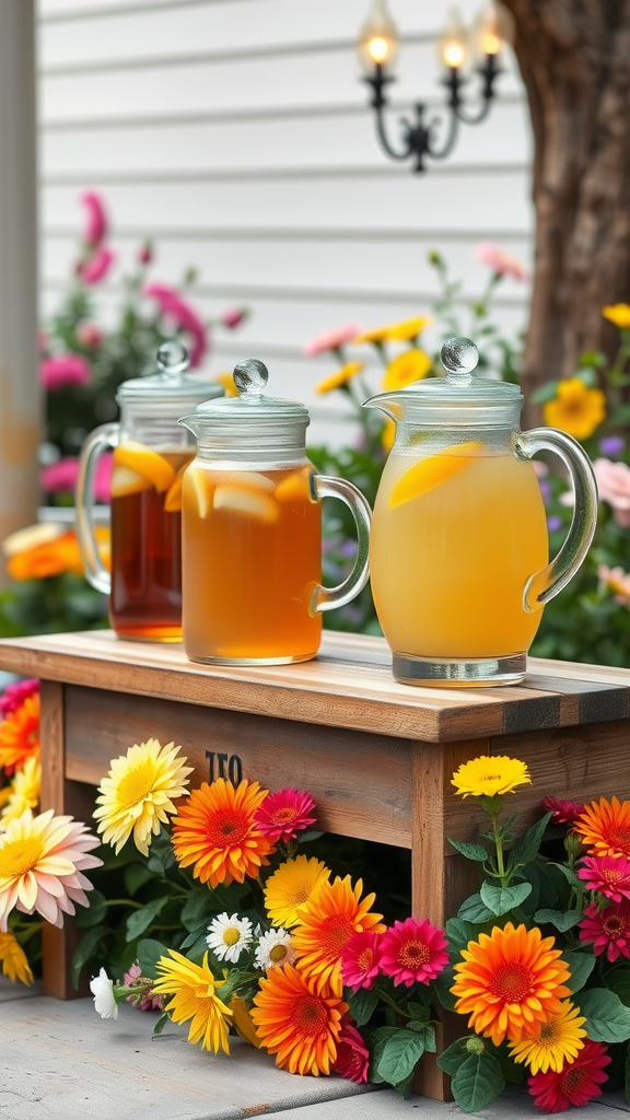 A beautiful serving station with pitchers of sweet tea and lemonade surrounded by vibrant flowers.