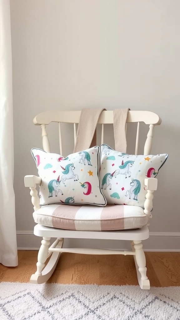 Two unicorn-themed accent pillows on a rocking chair in a nursery