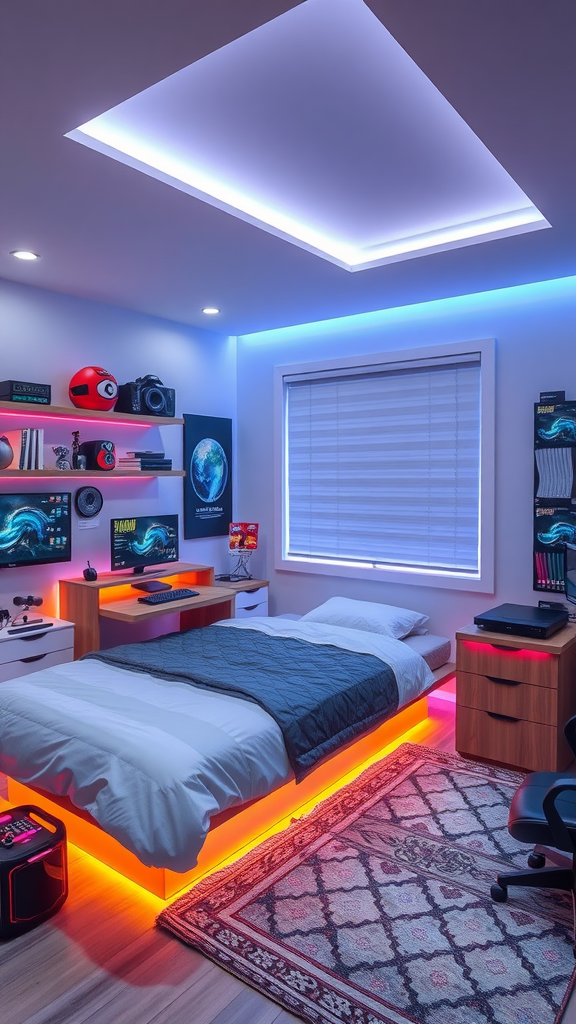 A cozy tech-themed bedroom featuring dual monitors, a gaming chair, and colorful LED lighting.