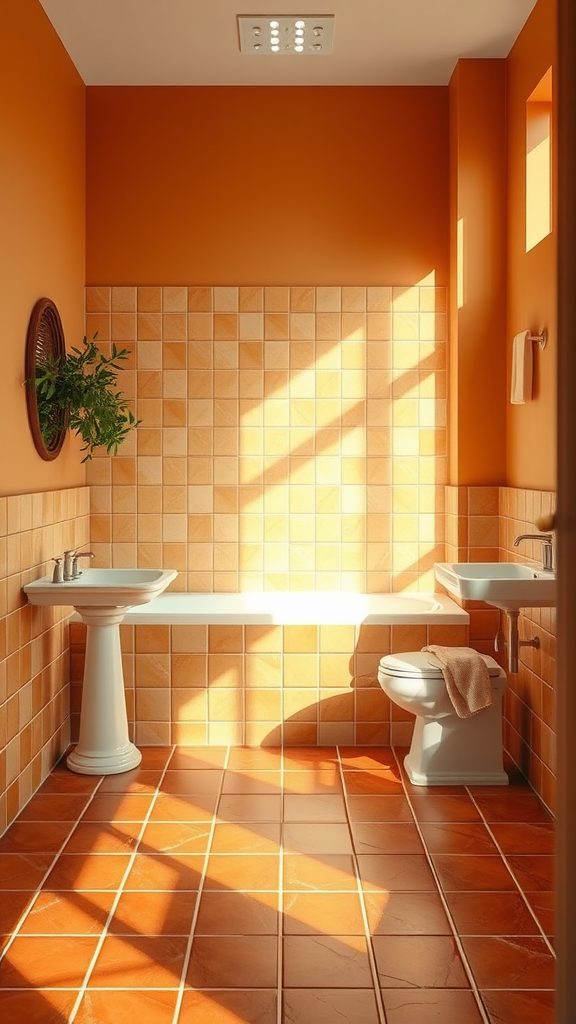 A cozy bathroom featuring warm terracotta tiles and natural light.