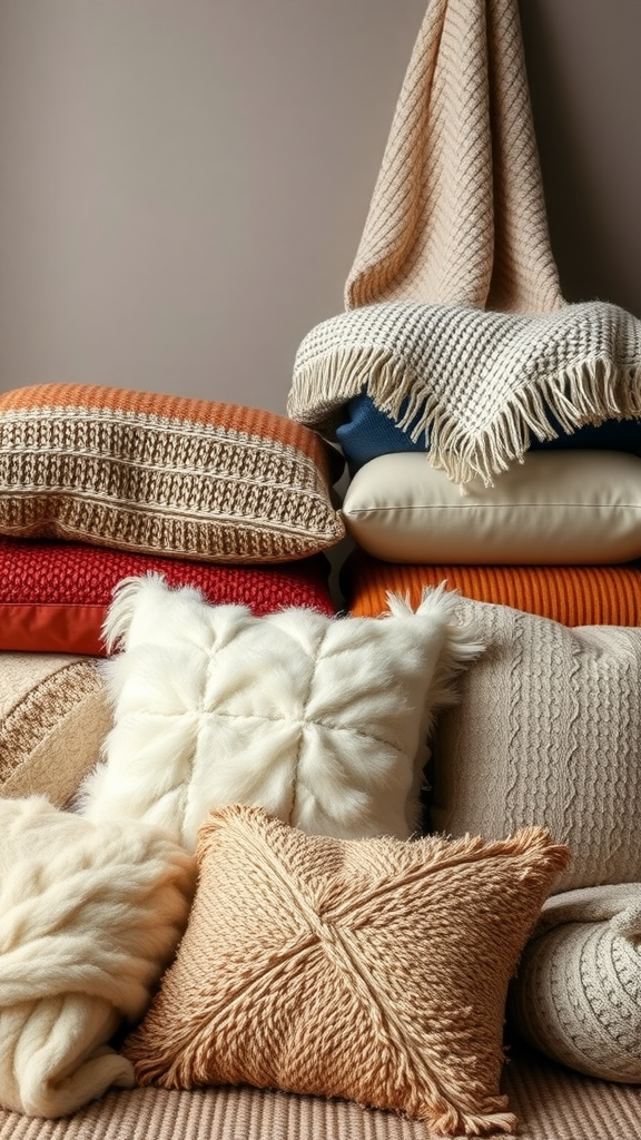 A collection of cozy textiles including blankets and pillows in warm colors and various textures.