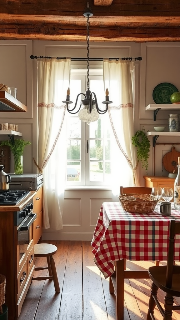 A cozy rustic farmhouse kitchen with a checkered tablecloth and soft curtains.