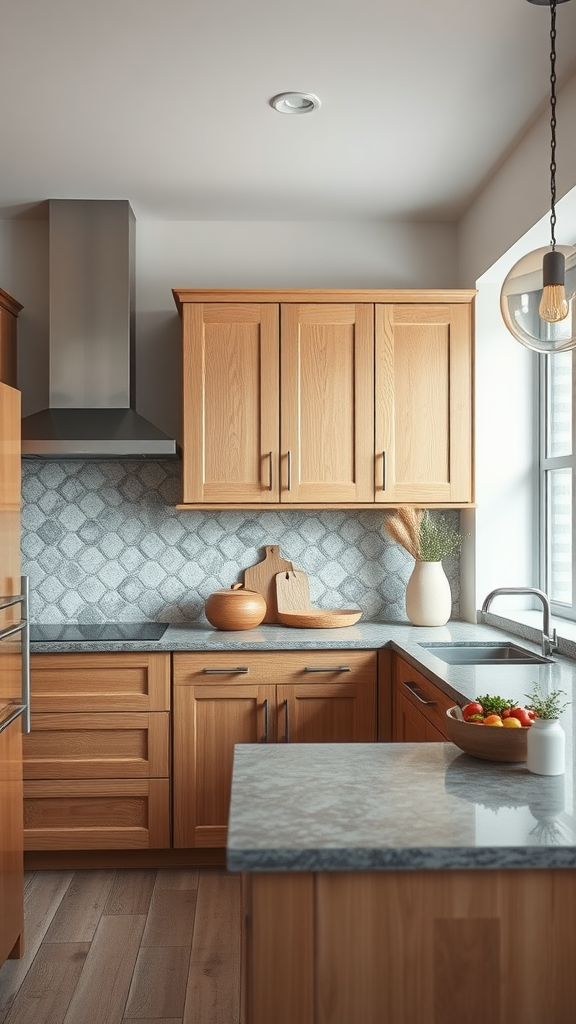 A modern kitchen featuring lightwood cabinets and stone countertops.