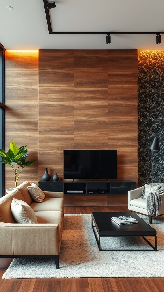 A modern living room with a textured wood accent wall and a contrasting patterned wall.