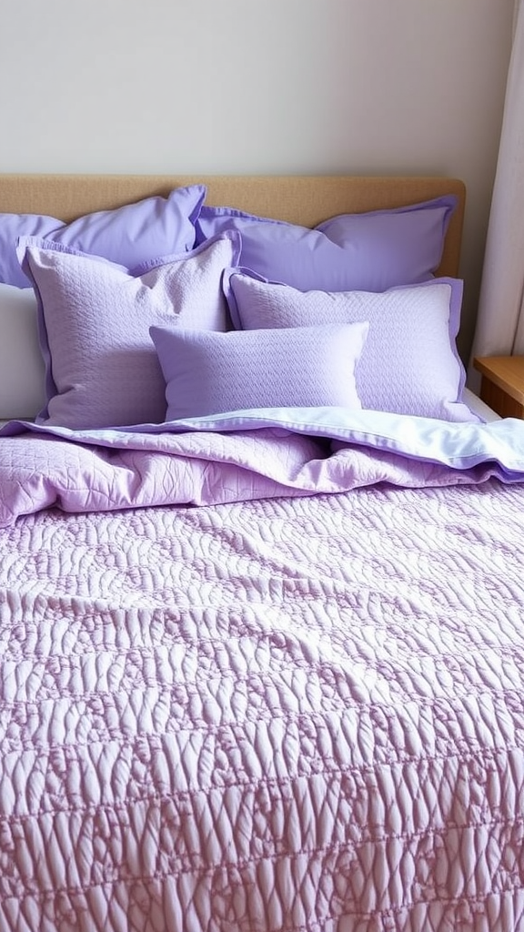 A bed with textured bedding in various shades of purple, including pillows and a quilt.