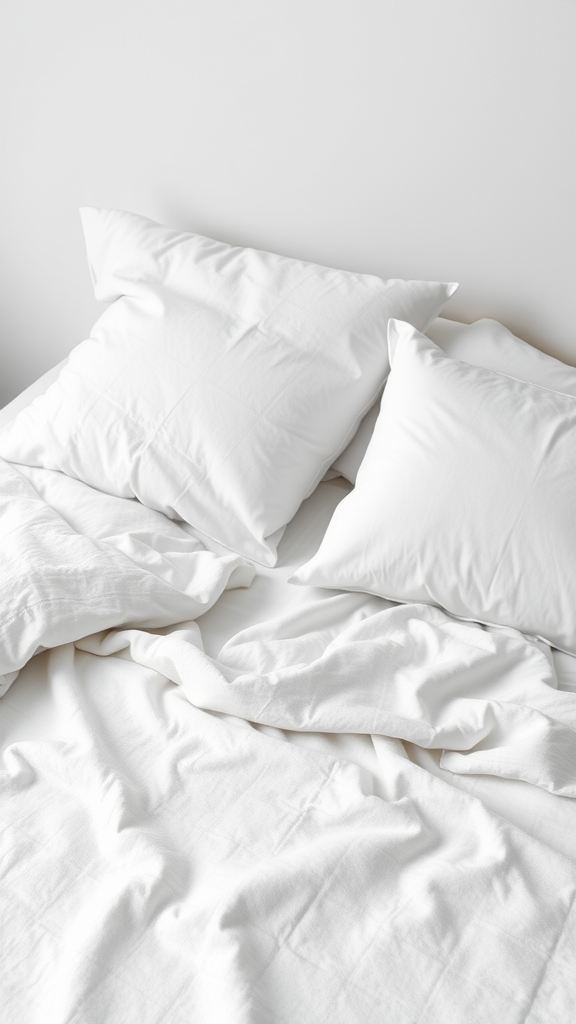 A minimalist bedroom with white textured bedding and pillows.