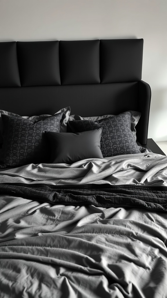 A cozy black bedding arrangement showcasing various textures and patterns.