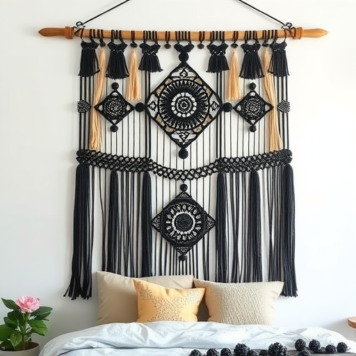 Textured black macramé wall hanging with intricate patterns and tassels, displayed above a bed with neutral pillows.