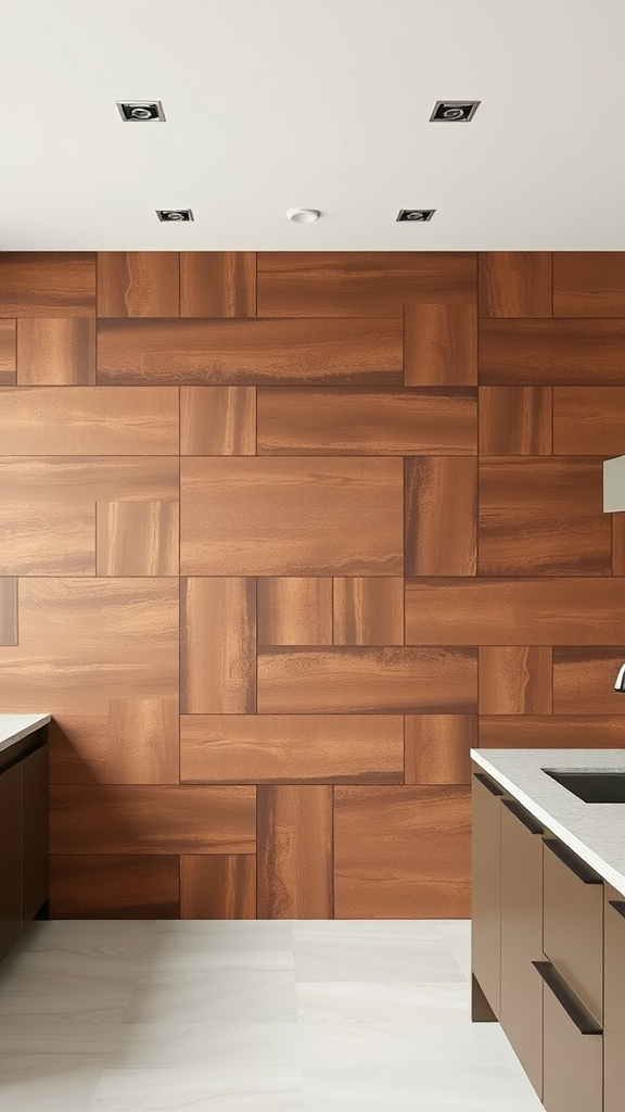 A kitchen featuring textured brown wall panels with modern cabinetry.