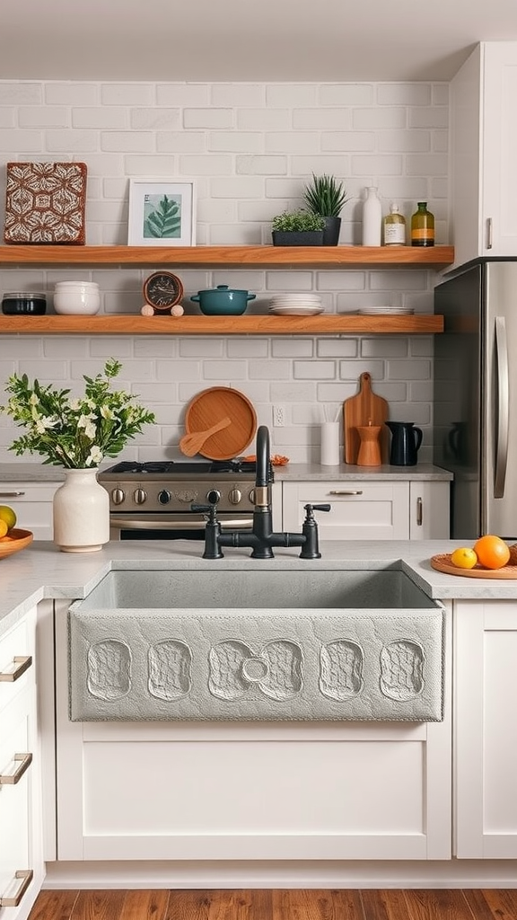 A textured concrete farmhouse kitchen sink with black faucet in a modern kitchen setting.