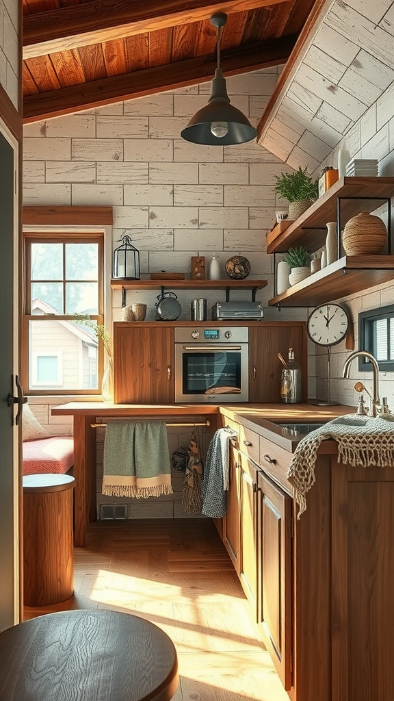 A cozy kitchen featuring wooden cabinets, shelves, and a small dining area with soft lighting.