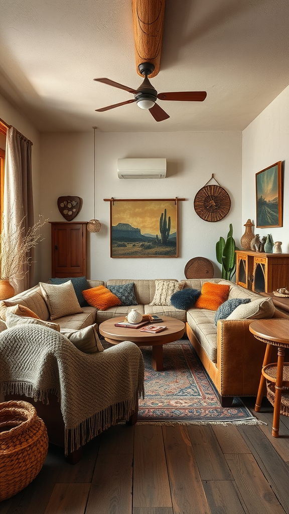 A cozy ranch-style living room with a sectional couch, textured fabrics, and natural materials.