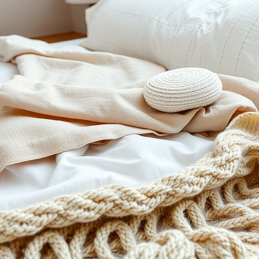 A cozy arrangement of textured fabrics including a beige throw, a round cushion, and a chunky knitted blanket on a bed.