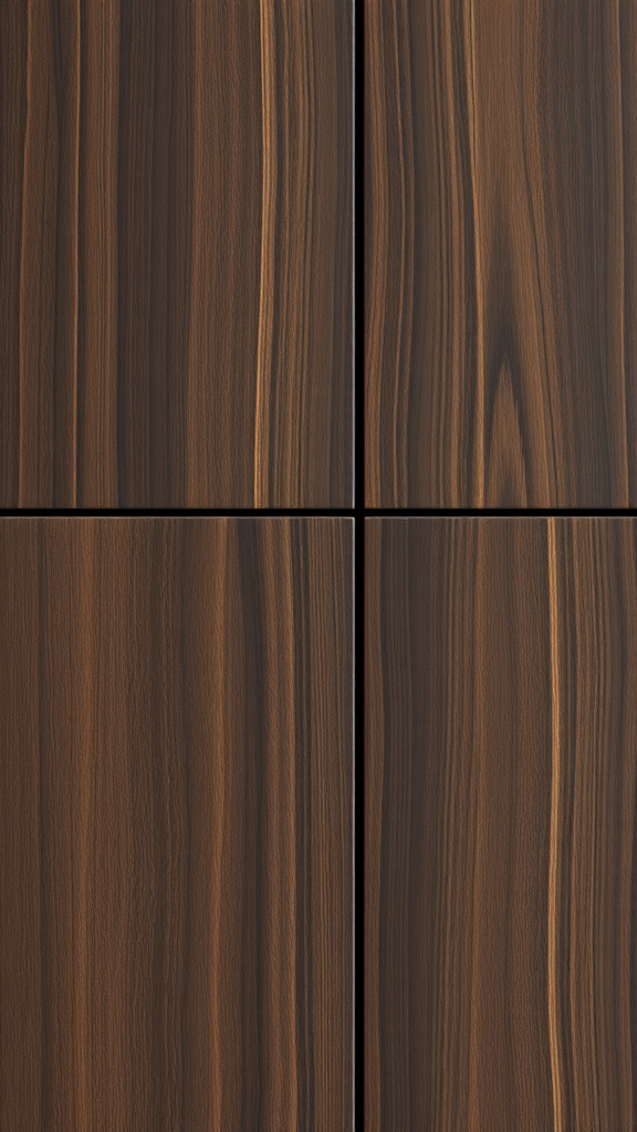 Close-up of modern espresso kitchen cabinet textured finishes.