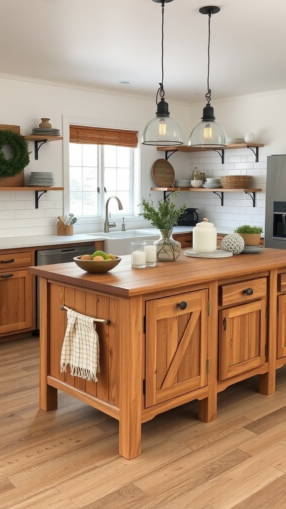 A rustic farmhouse kitchen with a wooden island featuring textured finishes.