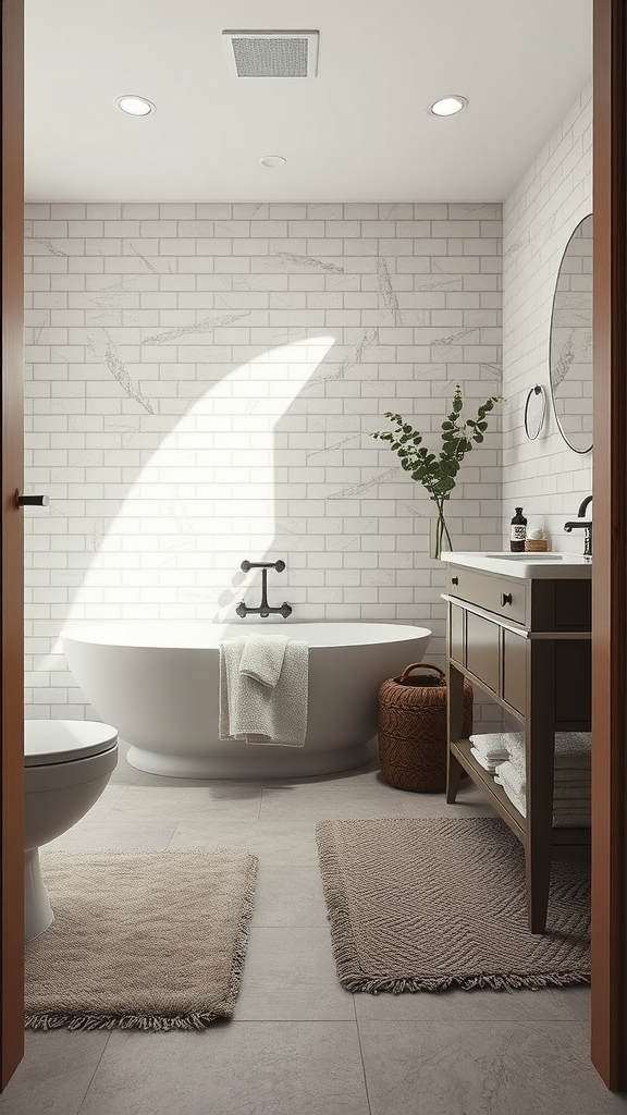 A cozy bathroom featuring textured microcement floors, a freestanding bathtub, and natural decor.