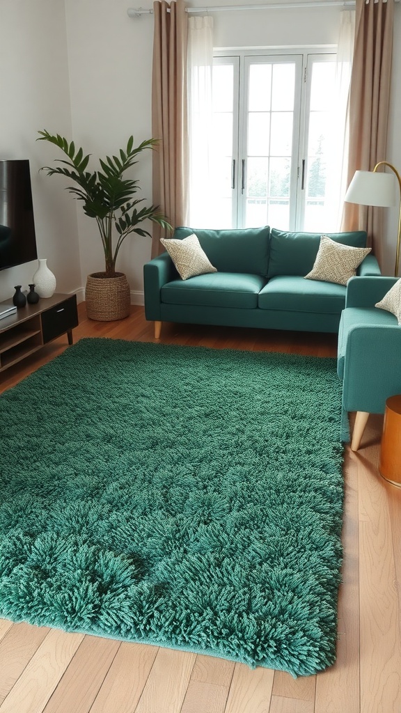 A cozy living room featuring a deep green textured rug, teal sofa, and decorative pillows.