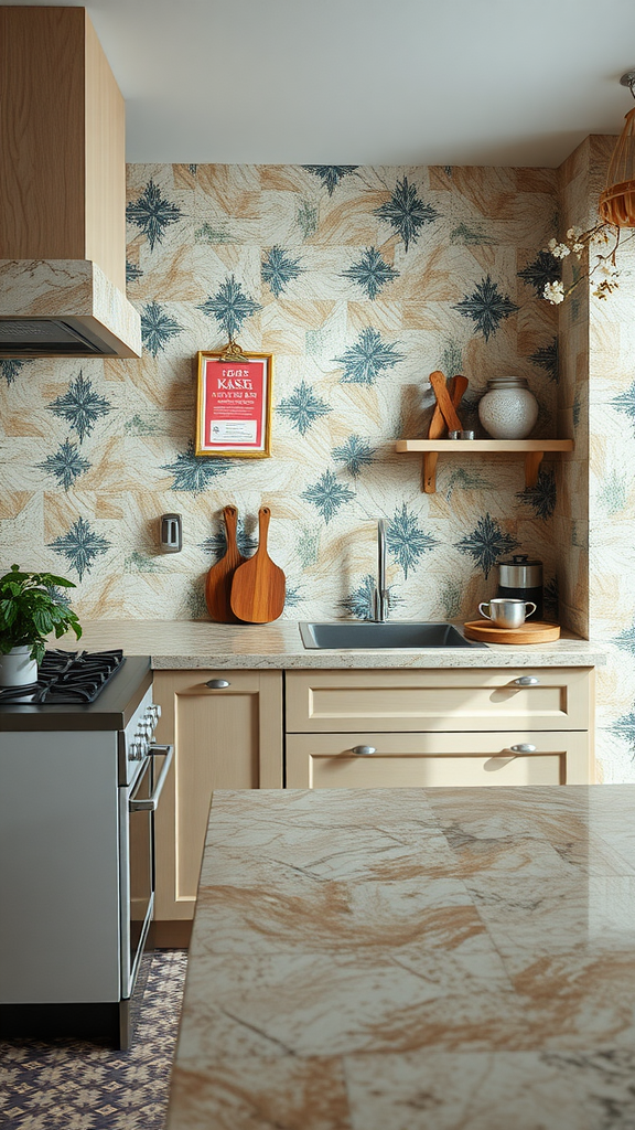 A kitchen featuring textured surfaces, including a patterned wallpaper and unique countertops.