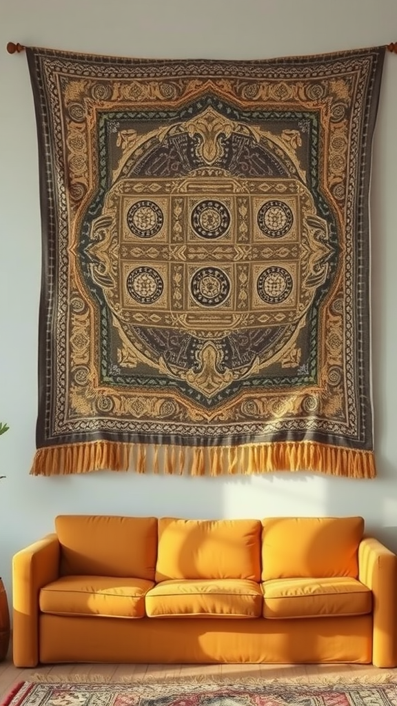 A vibrant textured tapestry hanging above a bright orange couch.