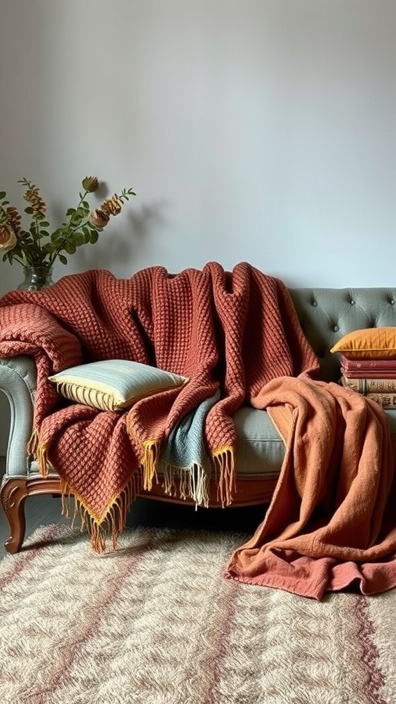 A cozy living room setup featuring textured throw blankets in warm colors draped over a vintage-style sofa.