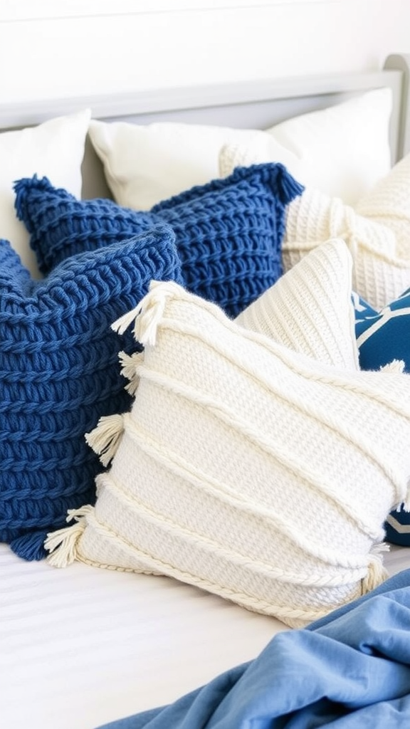 A collection of textured throw pillows in blue and white on a bed.