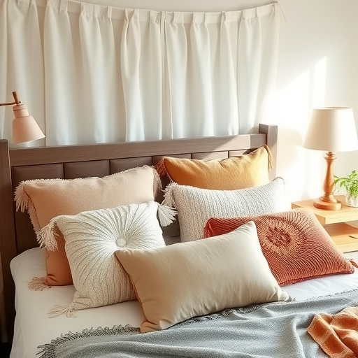 A cozy bed with various textured throw pillows in soft colors, illuminated by warm sunlight.