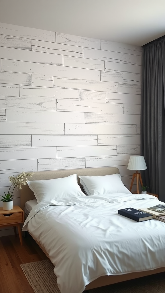 Aesthetic men's bedroom with textured wood wall and simple decor.