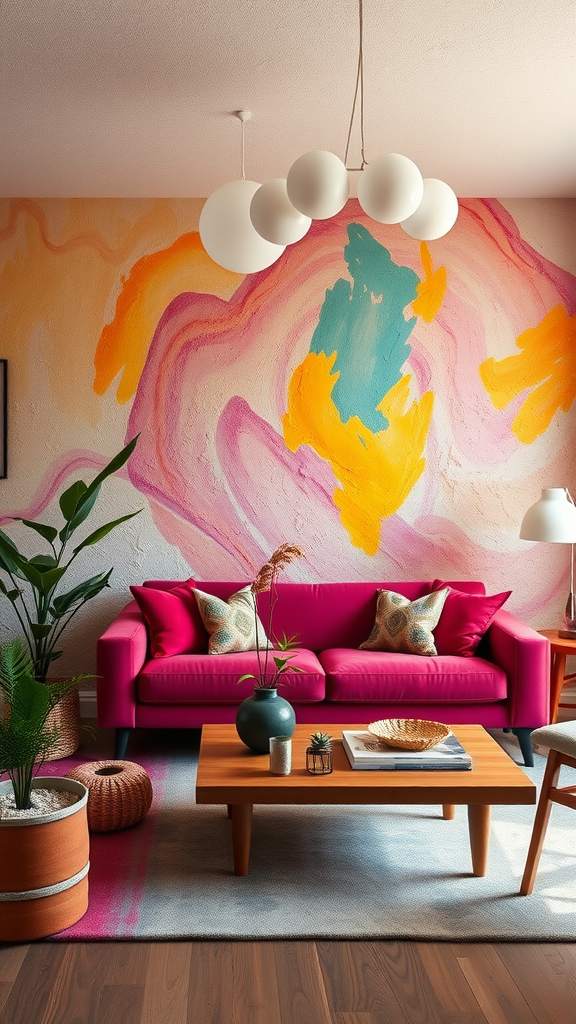 A vibrant living room with a colorful textured wall mural and pink sofa.