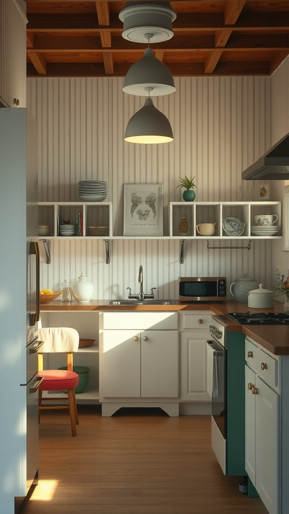 A cozy 1950s kitchen featuring beadboard wall finishes, wooden shelves, and a retro color scheme.