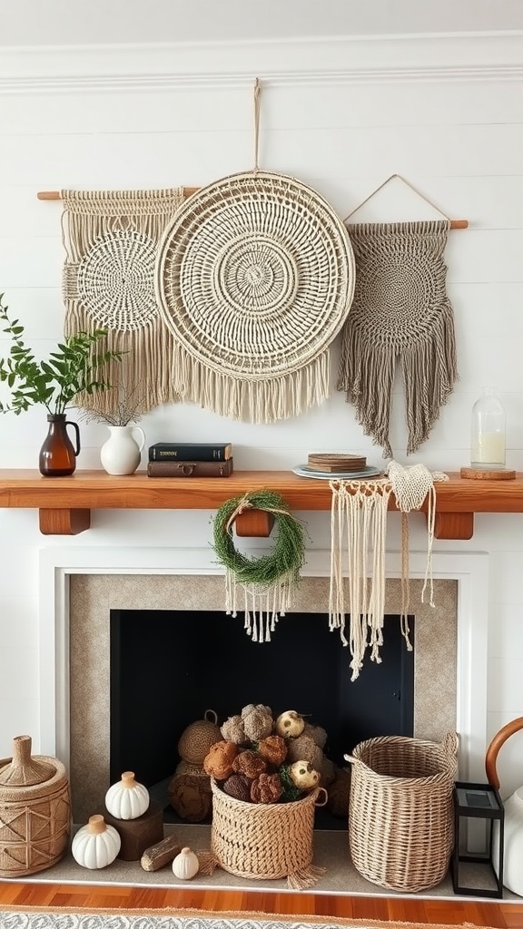 A beautifully decorated farmhouse mantle featuring textured wall hangings and cozy decor.