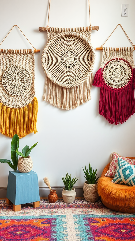 Colorful textured wall hangings in a boho styled playroom, featuring woven designs and bright colors.