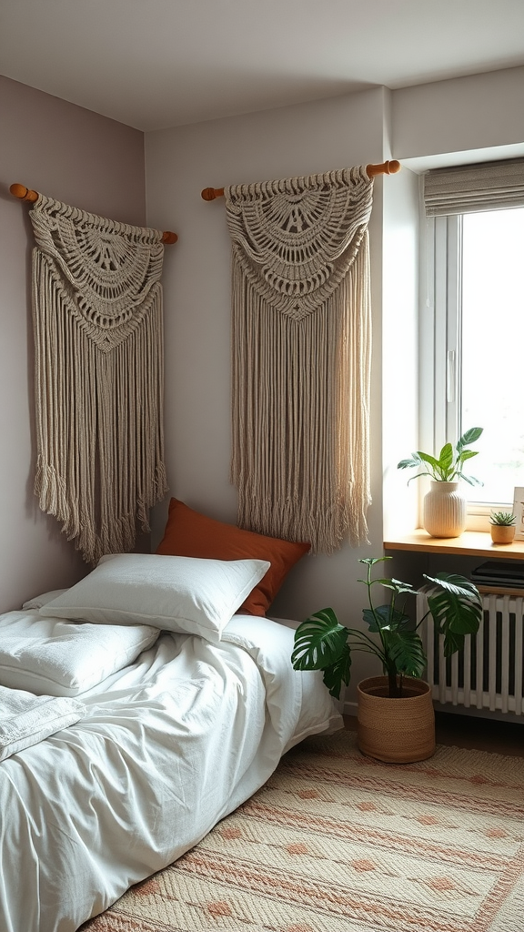 A cozy dorm room featuring textured wall hangings, a neatly made bed, and a plant by the window.