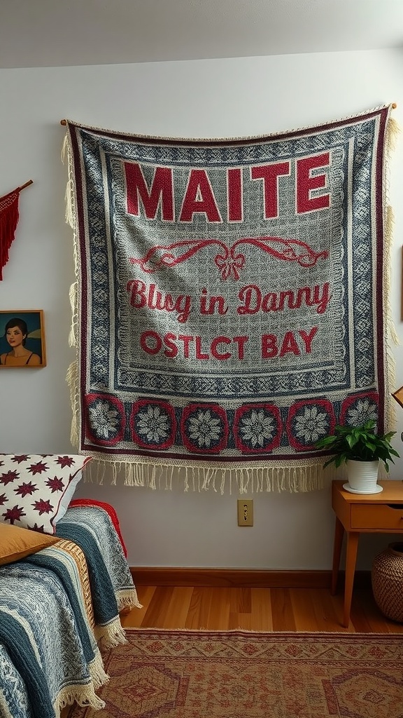 A colorful wall tapestry hanging in a cozy dorm room setting.