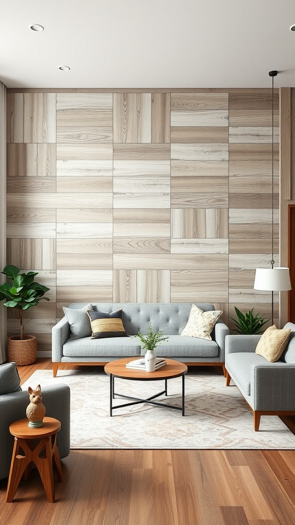 Cozy modern living room with textured wood wall and stylish furniture.