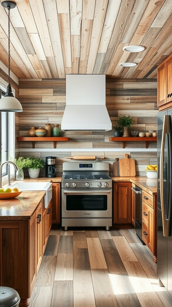 A rustic farmhouse kitchen featuring textured wooden walls and a stylish interior.