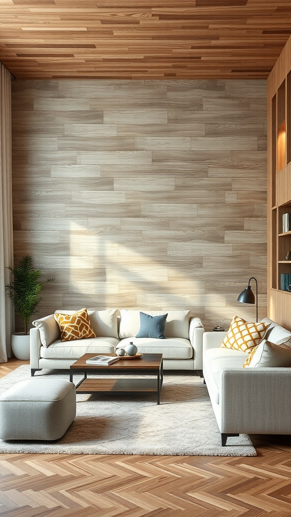 Cozy living room featuring textured wood wall treatments and soft furnishings