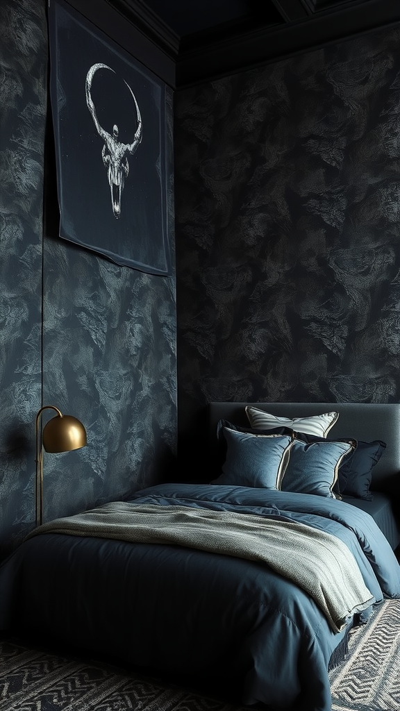 A cozy bedroom featuring dark textured wallpaper, a stylish lamp, and elegant bedding.