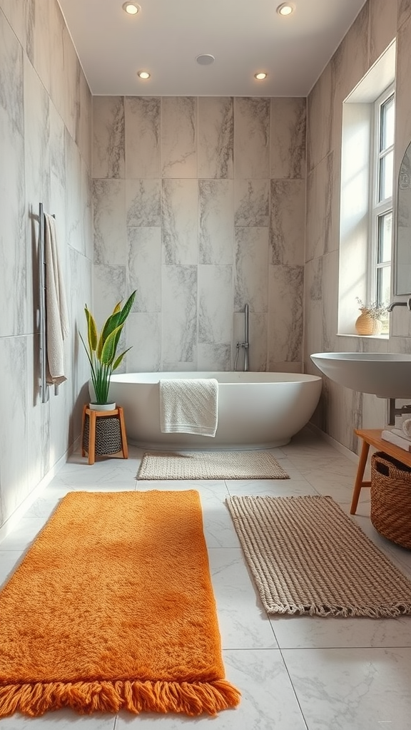 A modern bathroom featuring warm-toned rugs, a white bathtub, and a plant.