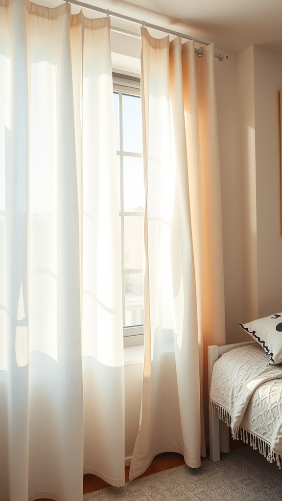 Textured white curtains in a bright dorm room setting.