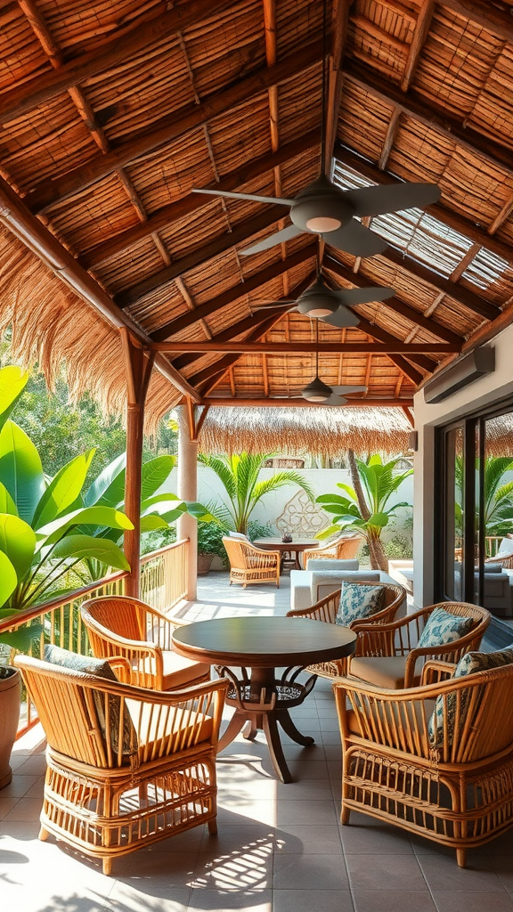 A cozy outdoor seating area with a thatch roof and tropical plants.