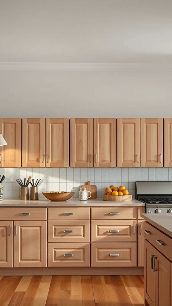 A modern kitchen featuring lightwood cabinets, a countertop with kitchen utensils, and a bowl of oranges.