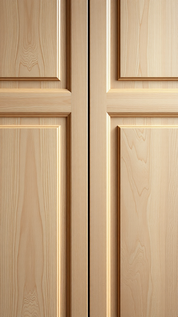 Close-up of lightwood kitchen cabinet doors with visible grain patterns.