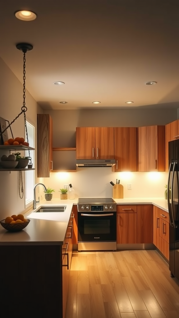 A modern kitchen featuring lightwood cabinets illuminated by warm recessed lighting.