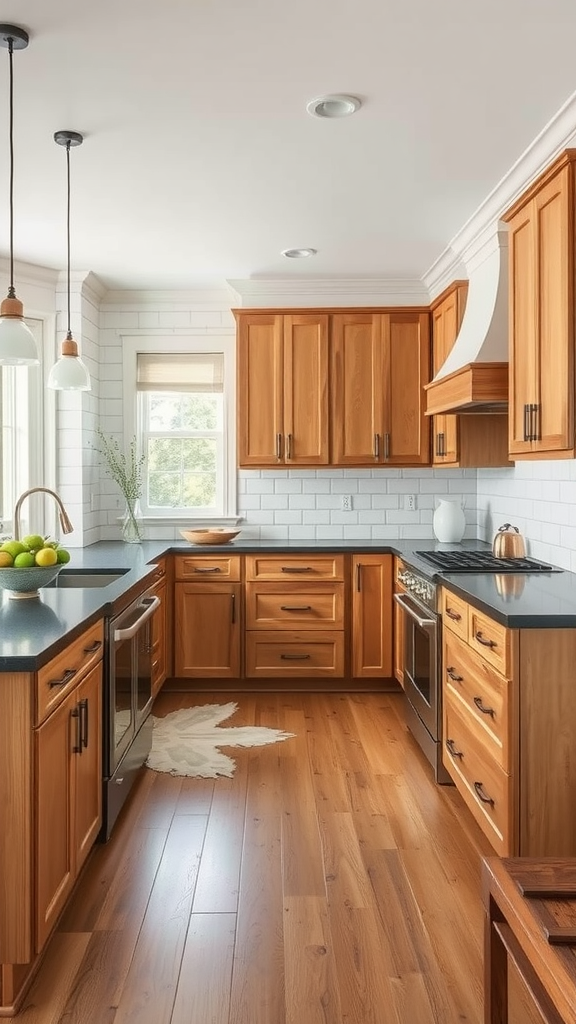 A bright kitchen featuring hickory cabinets, sleek countertops, and modern appliances.