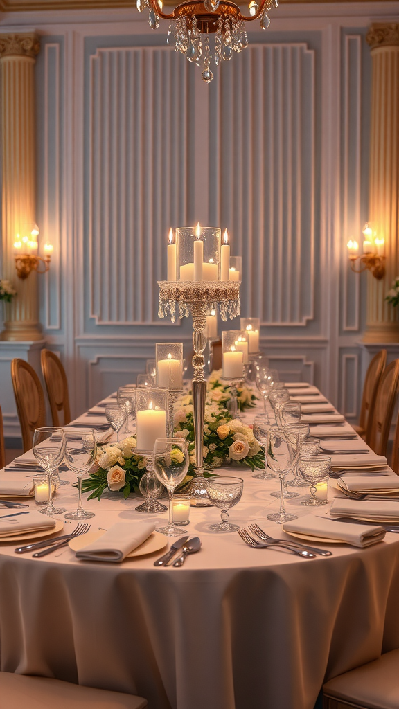 Elegant dining setup with white tablecloths and crystal centerpieces