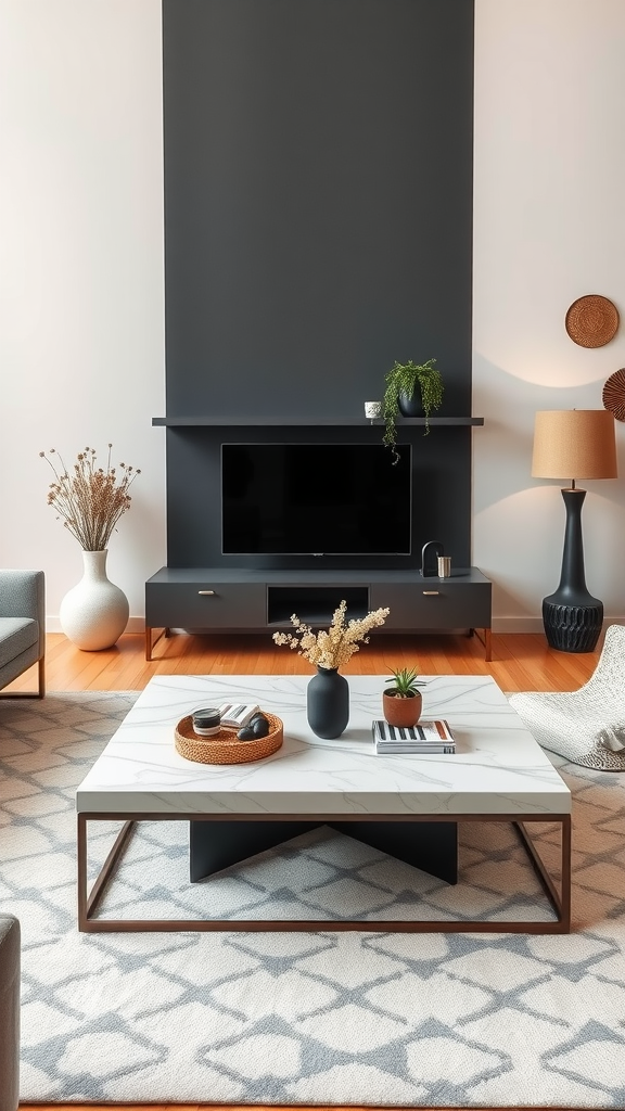 Stylish living room with a marble-top coffee table, grey rug, and modern decor.