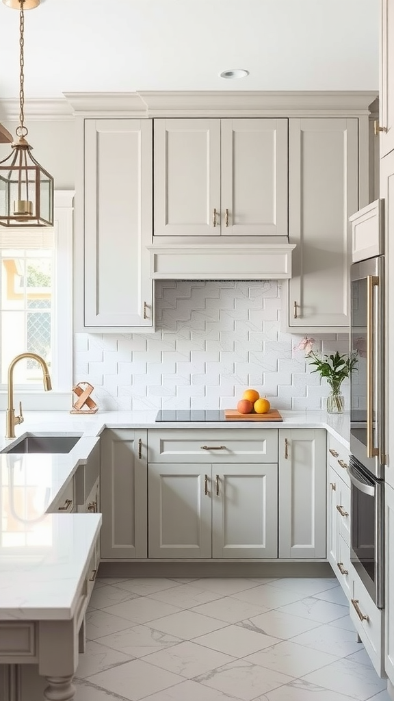 A light gray kitchen featuring modern cabinets, white countertops, and gold hardware.