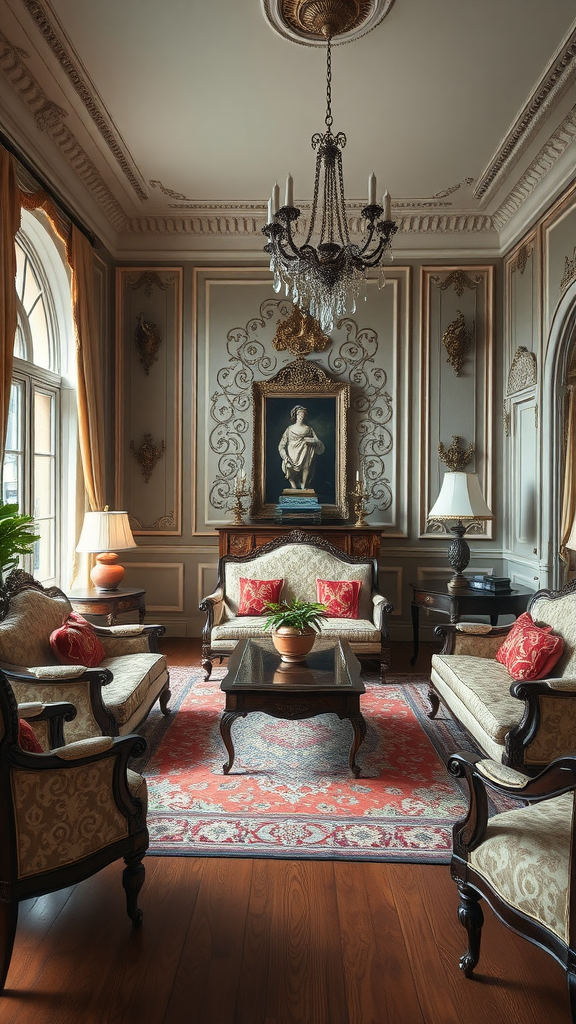 A beautifully decorated living room featuring antique furniture and elegant decor.